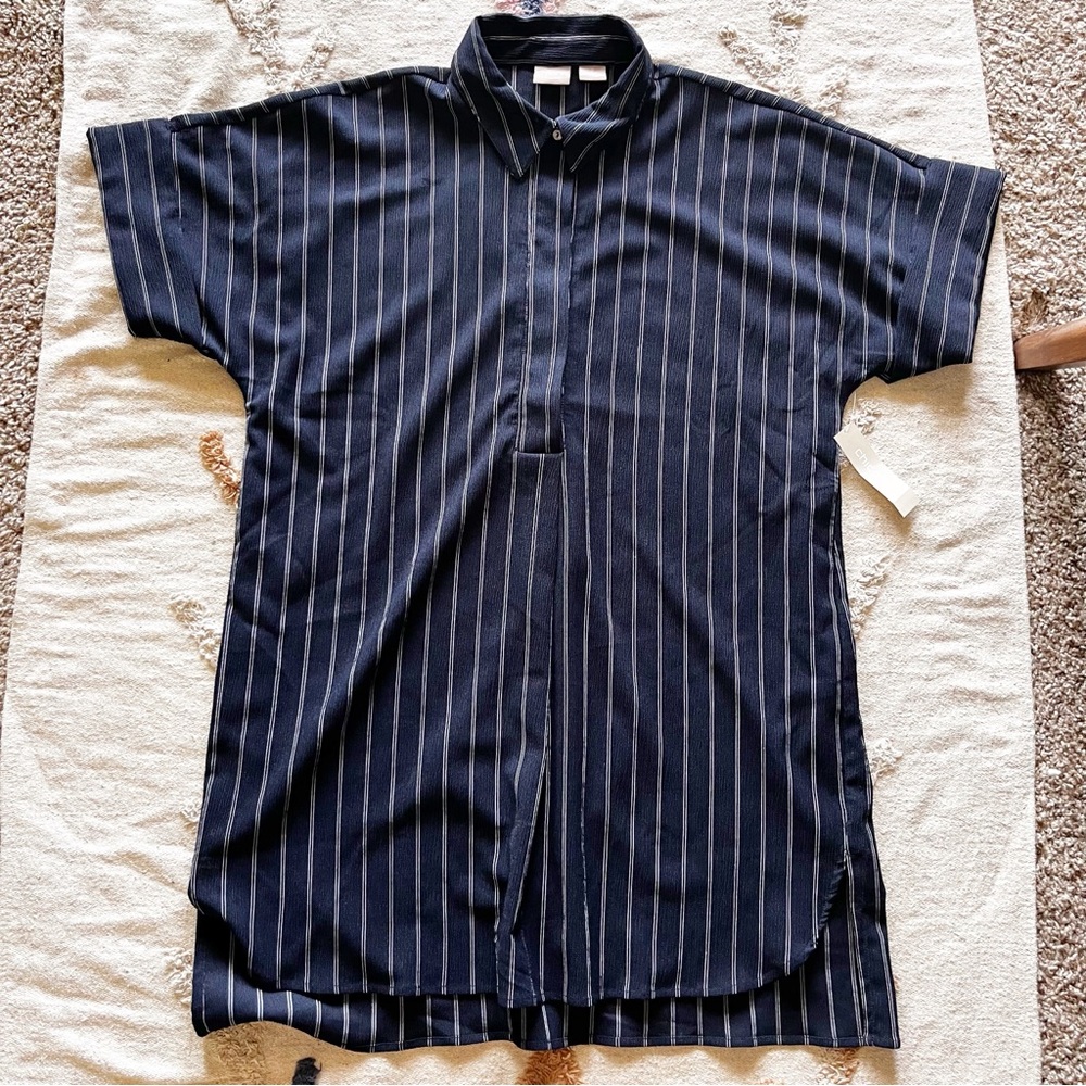 NEW Chicos Travelers Modern Texture button front Navy Blue Striped Tunic Shirt L